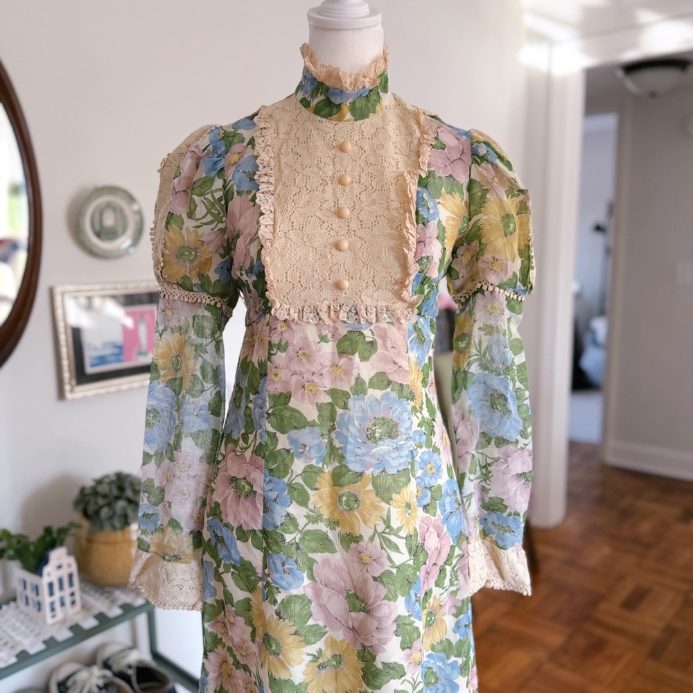 Whimsical Renaissance Floral Maxi Dress with Cream and Green